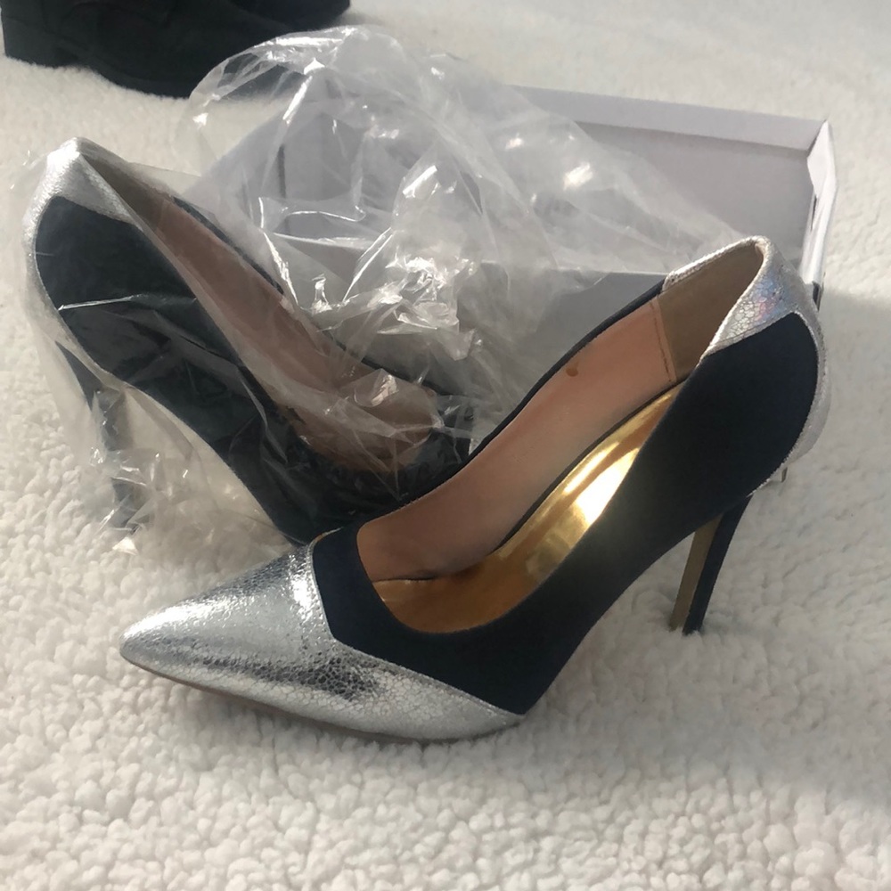 Silver and navy heels